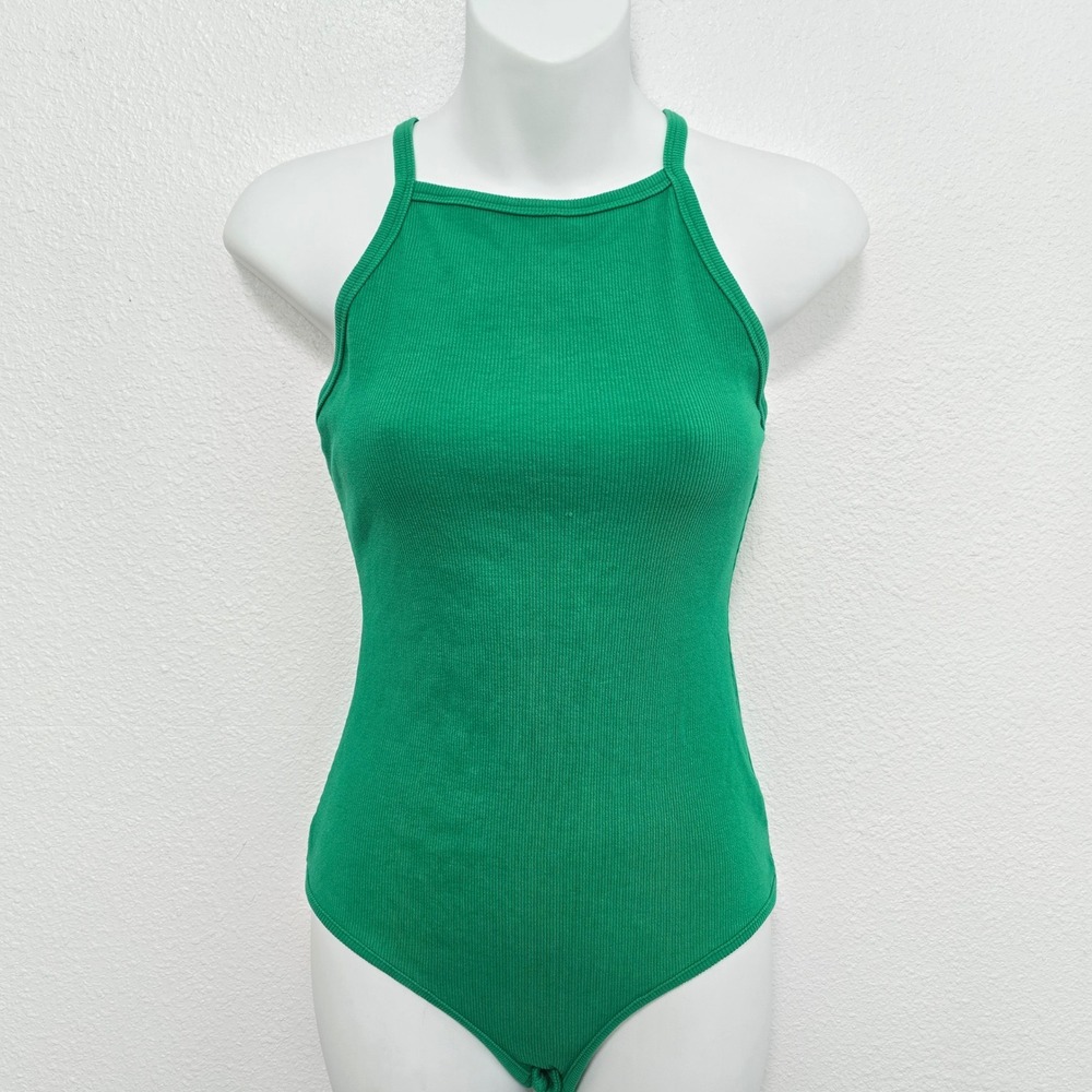 REORIA Womens Green Ribbed High Neck Halter Sleeveless Bodysuit Medium